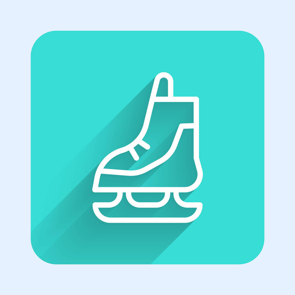 Bílá čára Brusle ikona izolované s dlouhým stínem. Ikona bruslařských bot. Sportovní boty s čepelí. Zelený knoflík. Vektorová ilustrace - Vektor, obrázek