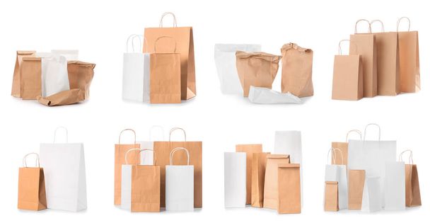 Set of blank paper bags on white background - Photo, Image