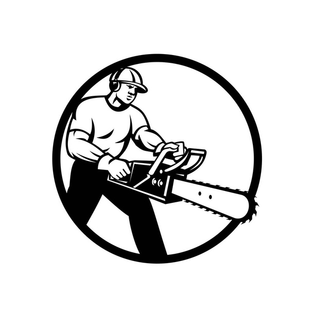 Ilustración del cirujano arborista leñador sosteniendo una motosierra dentro del círculo sobre un fondo aislado hecho en estilo retro blanco y negro
.  - Vector, Imagen