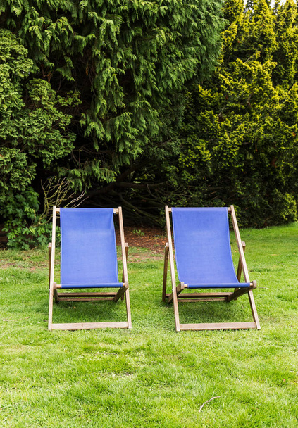 Дві палуби або крісла для відпочинку на траві з тлом твердих дерев, що надають місця для копіювання
 - Фото, зображення