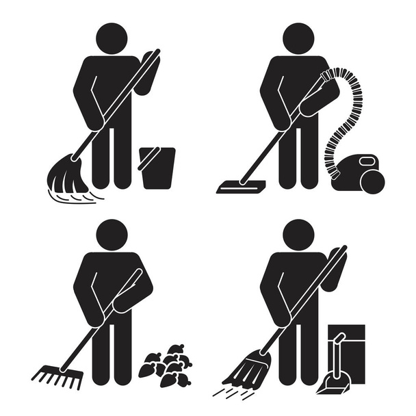 Ensemble de travailleurs de service de nettoyage de couleur noire plate Homme Icône Set simple élément vectoriel Illustration
. - Vecteur, image