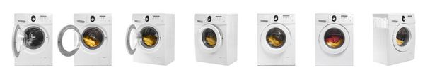 Set di lavatrici moderne su sfondo bianco
 - Foto, immagini