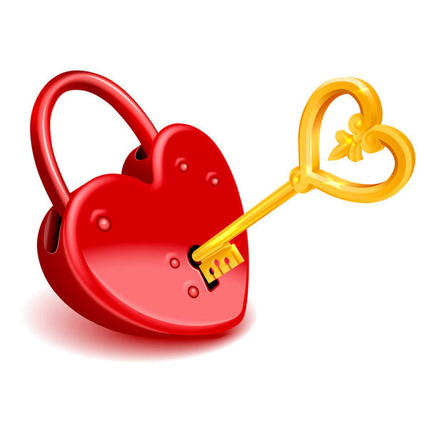 Cadeado coração vermelho com chave de ouro isolado no fundo branco, vetor de alto detalhe ilusão
. - Vetor, Imagem