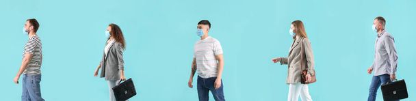 Tıbbi maskeli, renkli insanlar. Koronavirüs salgını sırasındaki sosyal mesafe kavramı - Fotoğraf, Görsel