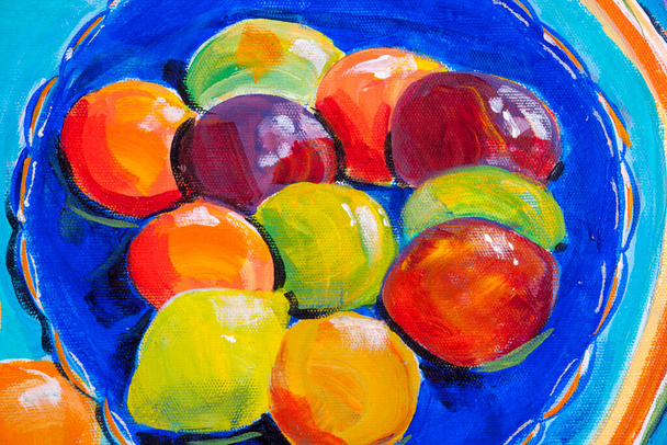 Деталі акрилових картин, що показують колір, текстури та техніку. Синя фруктова миска з лімітами, лимонами та сацумами
. - Фото, зображення