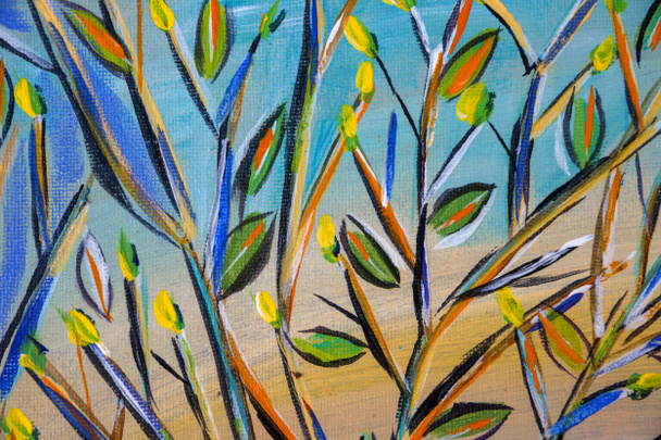 Detalhes de pinturas acrílicas mostrando cor, texturas e técnicas. Folhagem e ramos de árvores expressionistas
. - Foto, Imagem