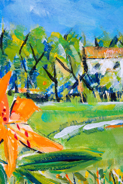 Detalhes de pinturas acrílicas mostrando cor, texturas e técnicas. Lírios de tigre laranja em uma borda da janela na frente de uma paisagem
. - Foto, Imagem