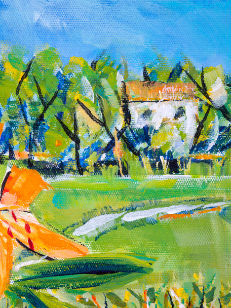 Details von Acrylgemälden, die Farbe, Texturen und Techniken zeigen. Orangefarbene Tigerlilien auf einem Fenstersims vor einer Landschaft. - Foto, Bild