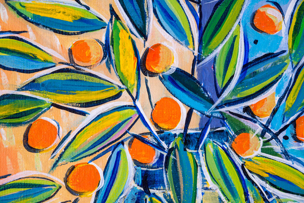 色、質感、技術を示すアクリル絵具の詳細。表現主義的な葉とオレンジの果実. - 写真・画像
