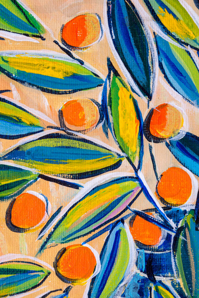 Деталі акрилових картин, що показують колір, текстури та техніку. Експресіоністське листя та апельсинові ягоди
. - Фото, зображення