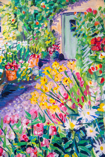 Szczegóły malarstwa akrylowego pokazujące kolor, faktury i techniki. Domek ścieżka ogród, frontowe drzwi i granice kwiatów. - Zdjęcie, obraz