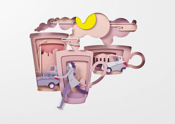 Young woman walking to her workplace on the street in the morning on the city streets. Concept 3d illustration of people hurrying to work in the morning on the cups of coffee on the background. - Foto, immagini