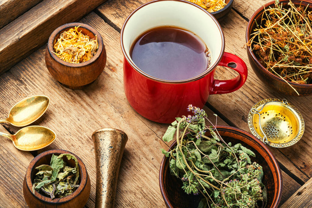 Taza con té de hierbas medicinales sobre un fondo de madera
 - Foto, Imagen