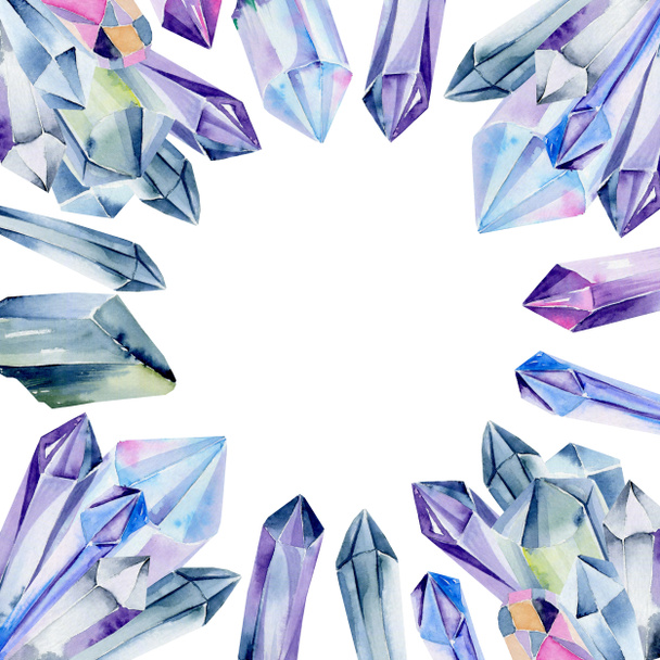 Card template with watercolor gemstones and crystals in blue colors on a white background - Photo, image