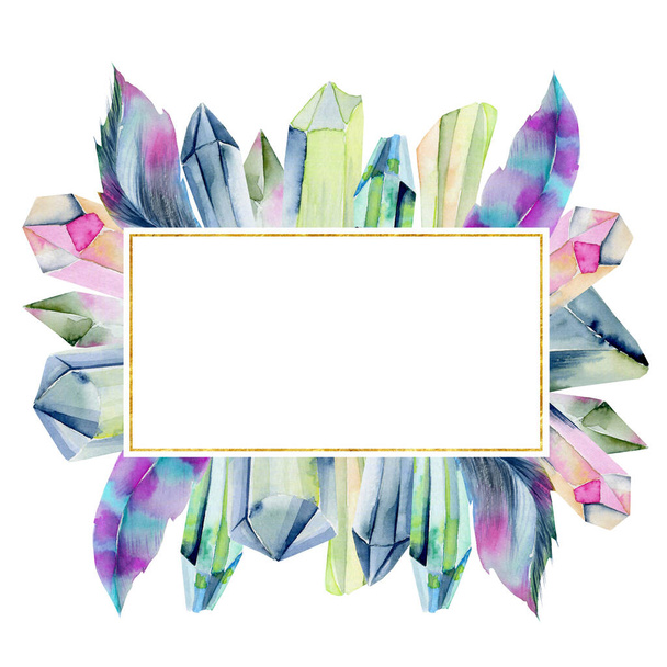 Golden frame of watercolor gemstones, crystals in green and purple shades and feathers on a white background, for invitation or greeting card design - Photo, image
