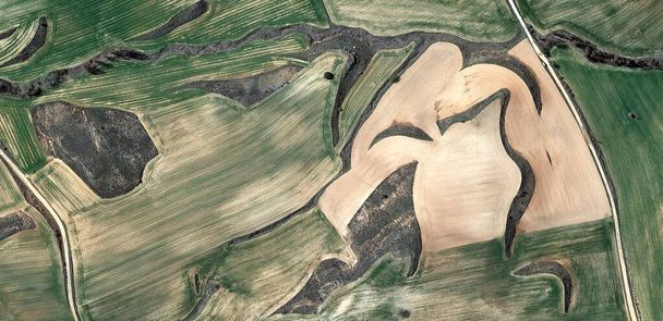 dry and wet, allegory, tribute to Picasso abstract photography of the Spain fields from the air, aerial view, representation of human labor camps, abstract, cubism, abstract naturalism, - Photo, Image