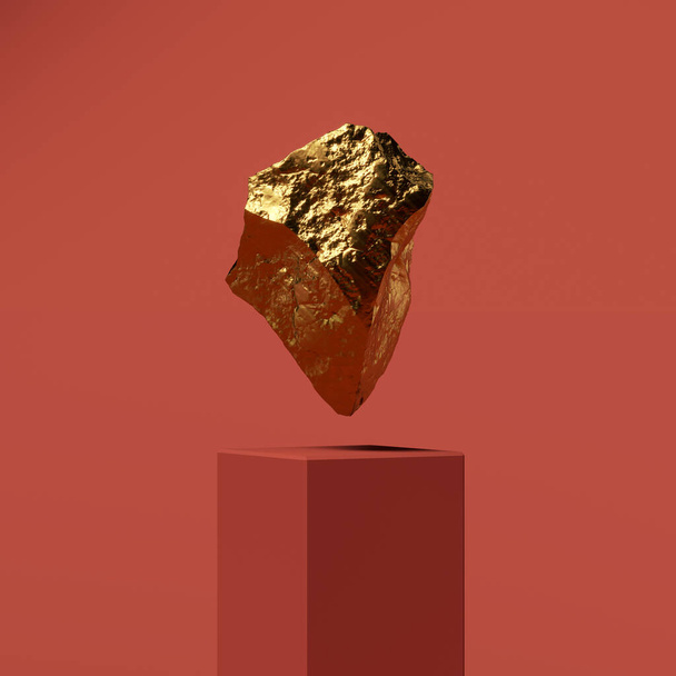 金の崖の3Dレンダリングは、彫刻は赤の背景、バナーや壁紙上の縁石の上に上昇します - 写真・画像