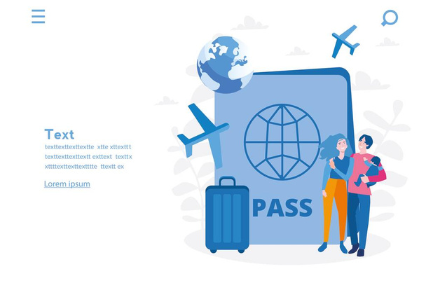Turismo, Gran pasaporte, Confirmar vuelo, viajes, aplicación móvil, ilustración vectorial para banner web, infografías, móvil. vuelo de control
 - Vector, imagen