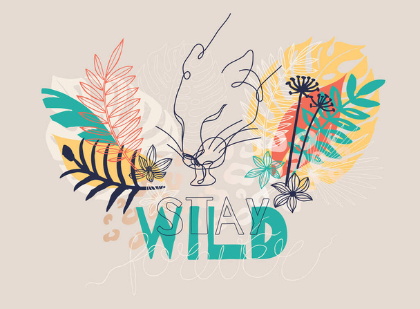Abstrakte Kunst Wildkatzen Silhouette Hand mit durchgehender Linie gezeichnet. Einfache tropische Palmblatt Hintergrundzeichnung. - Vektor, Bild