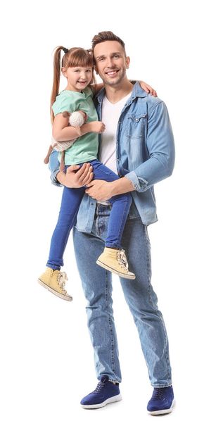 Happy man with little adopted girl on white background - Foto, immagini