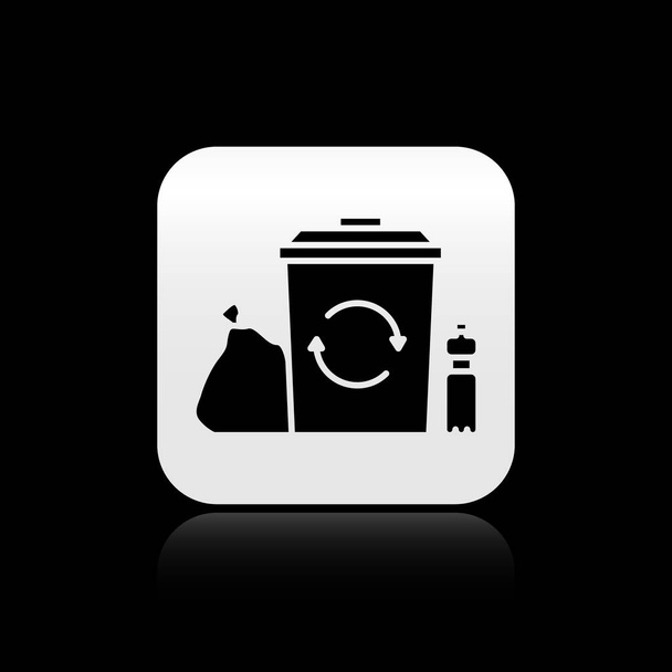 Musta Kierrätä bin kierrätys symboli kuvake eristetty mustalla pohjalla. Roskakorin ikoni. Roskakorin merkki. Kierrätä koria. Hopeinen neliö nappi. Vektorikuvaus
 - Vektori, kuva