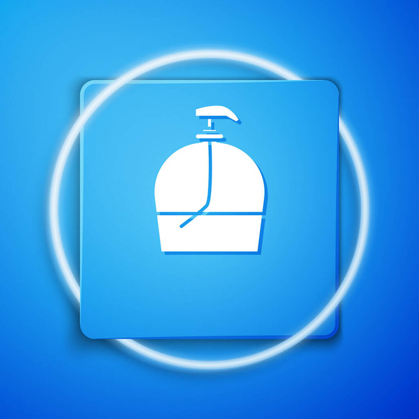 White Bottle of liquid antibacterial soap with dispenser icon isolated on blue background. Disinfection, hygiene, skin care. Blue square button. Vector Illustration - Vector, Image