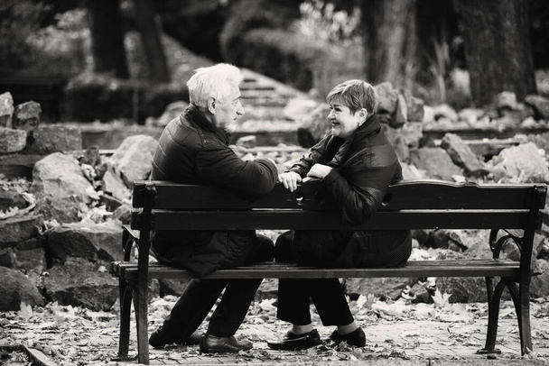 Elderly couple in love walking in the autumn park. Old people are sitting on a bench.Black and white photo - Foto, Imagen