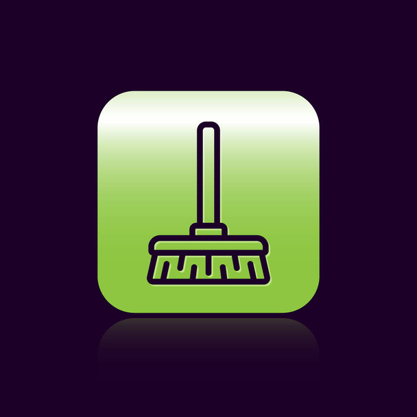 Black line Handle broom icon isolated on black background. Cleaning service concept. Green square button. Vector Illustration - Vector, Image