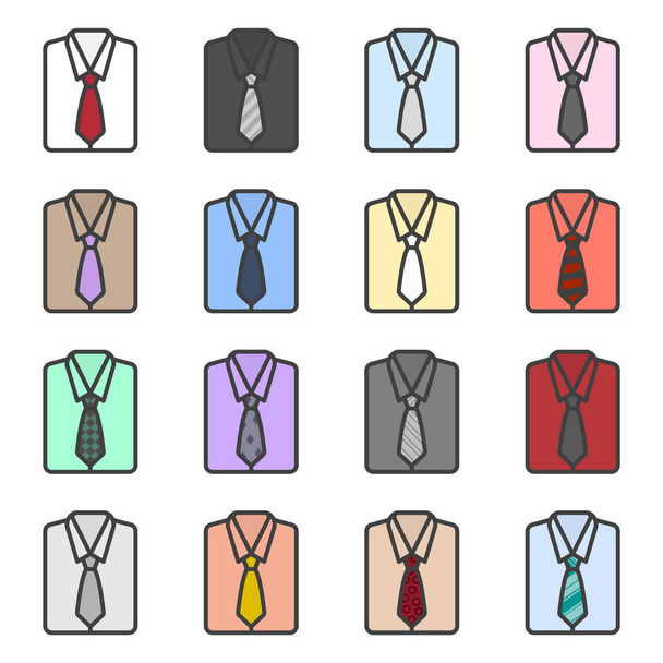 Σύνολο πολύχρωμων εικόνων διπλωμένων ανδρικών πουκάμισων με γραβάτα. Εικόνα κινουμένων σχεδίων διαφορετικών χρωμάτων και συνδυασμών χρωμάτων. Μεμονωμένο διάνυσμα σε λευκό φόντο. - Διάνυσμα, εικόνα