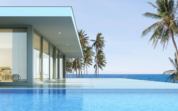 Перспектива современного роскошного дома с деревянной террасой и бассейном с видом на море и кокосовыми деревьями на заднем плане, стилистика здания. 3D рендеринг
. - Фото, изображение