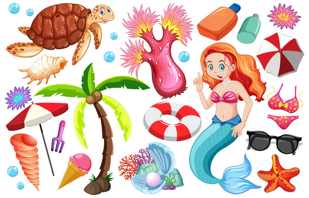 Conjunto de icono de playa de verano y personaje de dibujos animados sirena sobre fondo blanco ilustración
 - Vector, Imagen