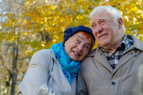 Ältere Paare sitzen im Herbstpark, reden, scherzen, erinnern sich an die Jugend und schauen auf. Kopierraum - Foto, Bild