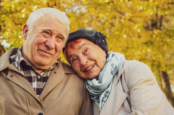 Hermosa pareja de ancianos portret sentado en otoño
. - Foto, Imagen