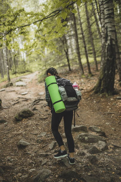 cool and stylish girl traveler with a backpack for a trip goes on a tourist route in the woods that leads to the top of the mountain - Фото, изображение