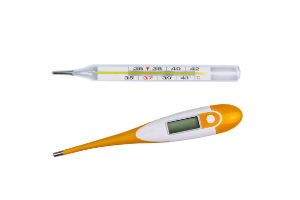 Termometro a mercurio e termometro digitale isolati su sfondo bianco - Foto, immagini