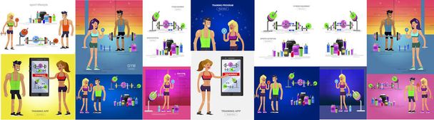 Gym design concept with Vector detailed character men and women bodybuilder. Workout with fitness equipment and sports nutrition, cool flat illustration. Web banner template - Vektör, Görsel