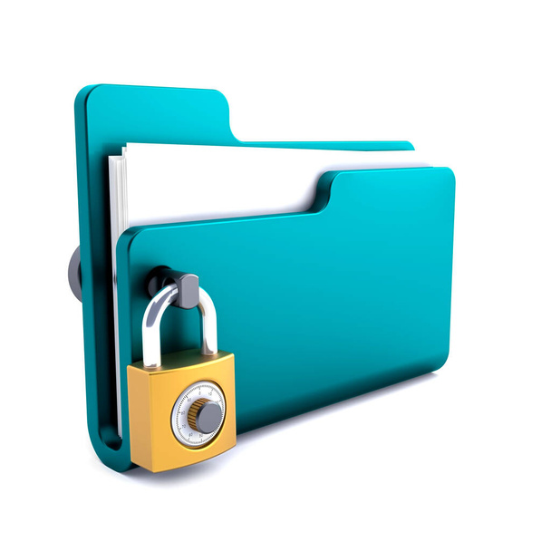 cartella blu con la serratura isolata su sfondo bianco. Concetto di sicurezza dati. rendering 3d
.  - Foto, immagini