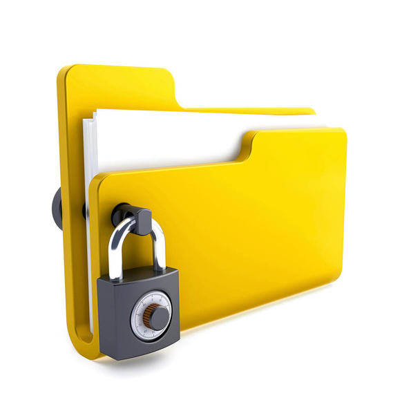 cartella gialla con la serratura isolata su sfondo bianco. Concetto di sicurezza dati. rendering 3d
.  - Foto, immagini