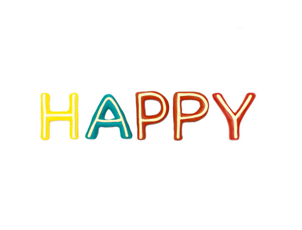 La palabra happy consiste en letras de plastilina de diferentes colores sobre un fondo blanco. maqueta, diseño para diferentes ideas
. - Foto, Imagen
