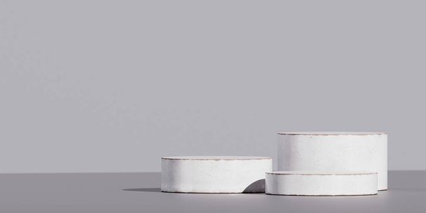 Minimal background for branding and packaging presentation. White ceramic podium on grey background. 3d rendering illustration. - Photo, Image