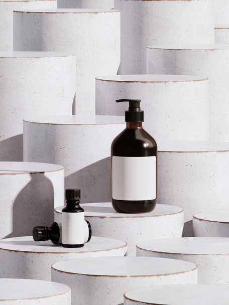 Abstrakter Hintergrund für Branding und minimale Präsentation. Kosmetikflasche auf weißer Keramik Zylindersäule zufälliger Schritt. 3D-Darstellung. - Foto, Bild