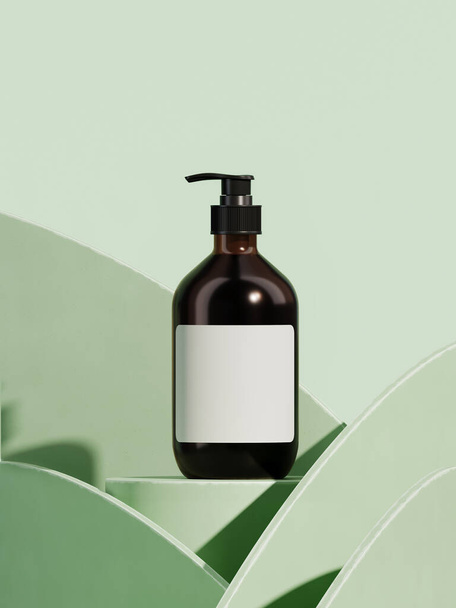 Minimális háttér a márkaépítés és a csomagolás bemutatásához. Kozmetikai palack zöld pódiumon, zöld háttérrel. 3d renderelés illusztráció. - Fotó, kép