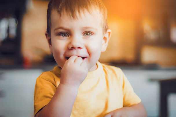 beautiful little boy with big eyes  two years eating something indoor. Toddler child in domestic kitchen or in nursery. Cute kid and healthy food. - Fotografie, Obrázek