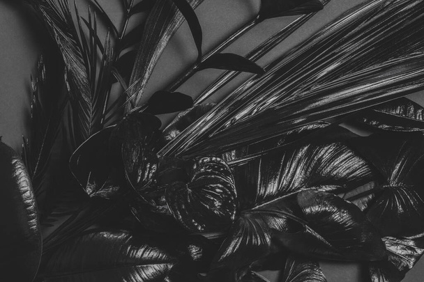 Abstraktní pozadí složení malované v černé tropické listí a květiny na šedém pozadí s kopírovacím prostorem - Fotografie, Obrázek