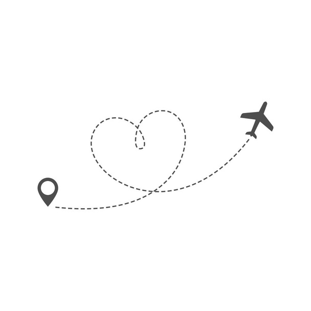 Itinerario aereo o traiettoria di volo in linea tratteggiata e cuore con illustrazione del vettore pin posizione
. - Vettoriali, immagini