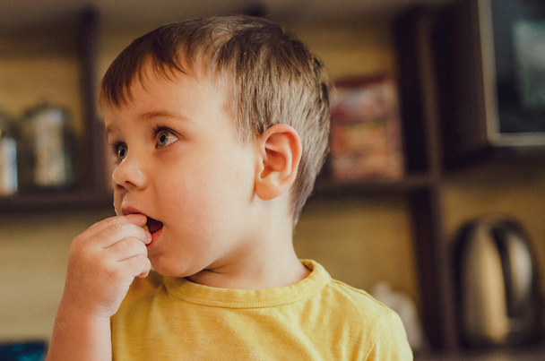 beautiful little boy with big eyes  two years eating something indoor. Toddler child in domestic kitchen or in nursery. Cute kid and healthy food. - Fotoğraf, Görsel