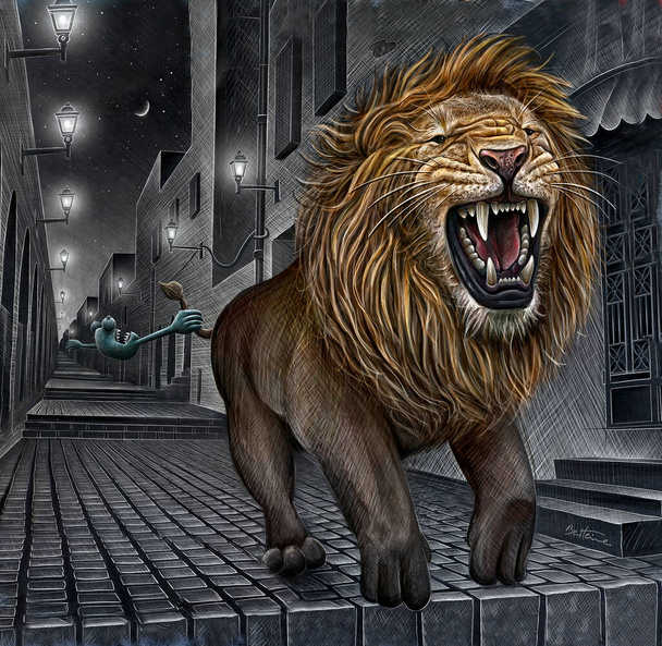 Boş caddede koşan kükreyen aslanın çizimi - Fotoğraf, Görsel