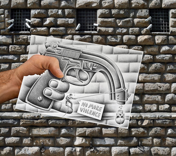 Gun being bent down by little man drawn on a hand held piece of paper with wall and security cameras in the photo background. Mixed media image - Photo, Image