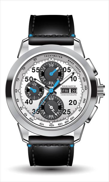 Реалістичний годинник хронограф сталева срібна сіра синя стрілка чорний шкіряний номер ремінець ізольований дизайн розкоші для чоловіків на білому тлі Векторні ілюстрації
. - Вектор, зображення