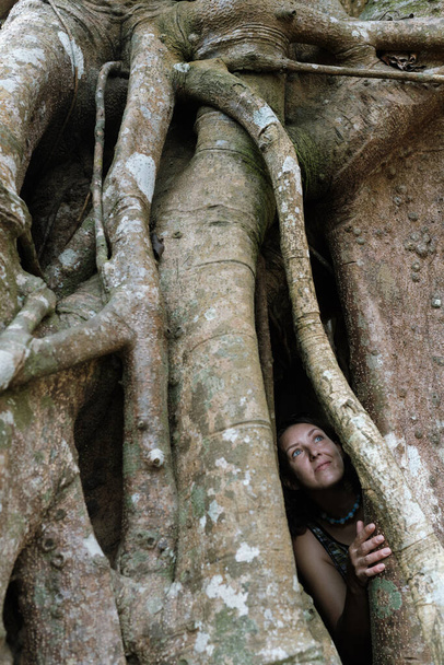 Portrait of the traveler woman admiring and peeping from behind banyan tree trunks - Fotó, kép